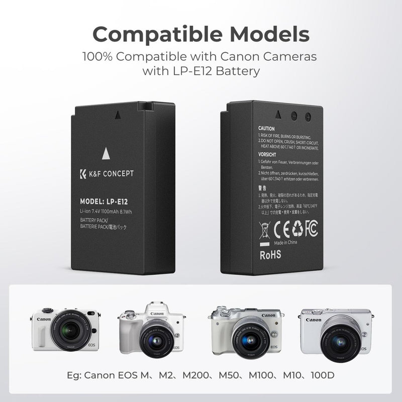 K&F Concept Dual LP-E12 1100mAh Batteries + Charger For Canon