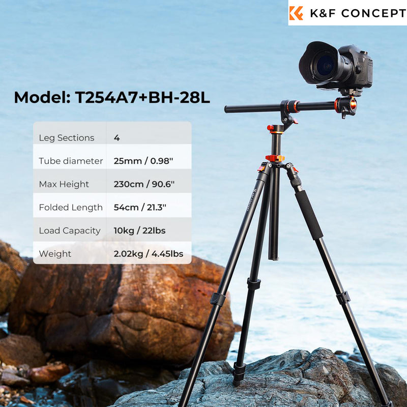 K&F Concept T254A7 Tripod | PH-28L Head | Monopod Option | Cross Arm | KF09.119