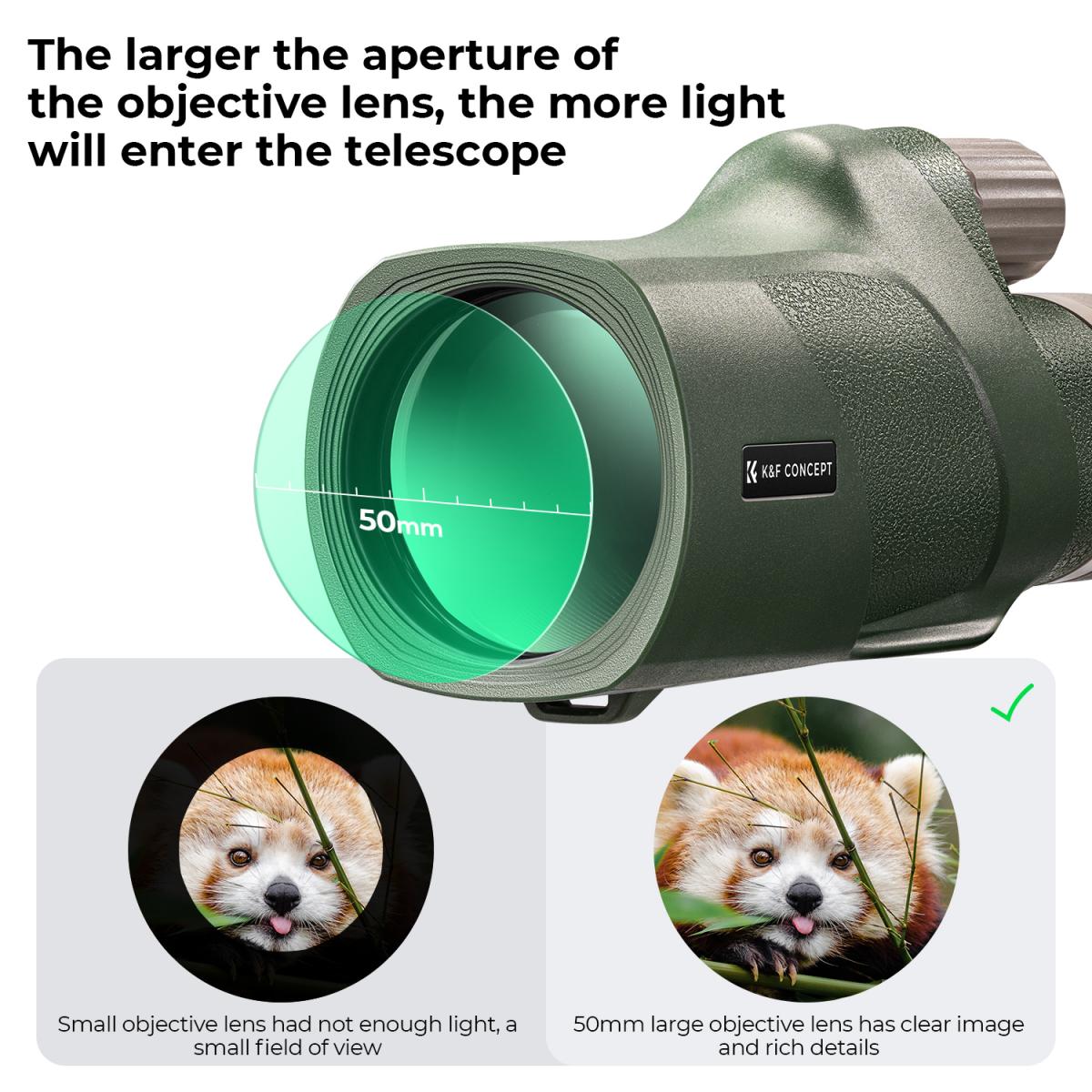 K&F 12X50 BAK4 HD Monocular Waterproof, Easy Focus Tripod Mount - Green