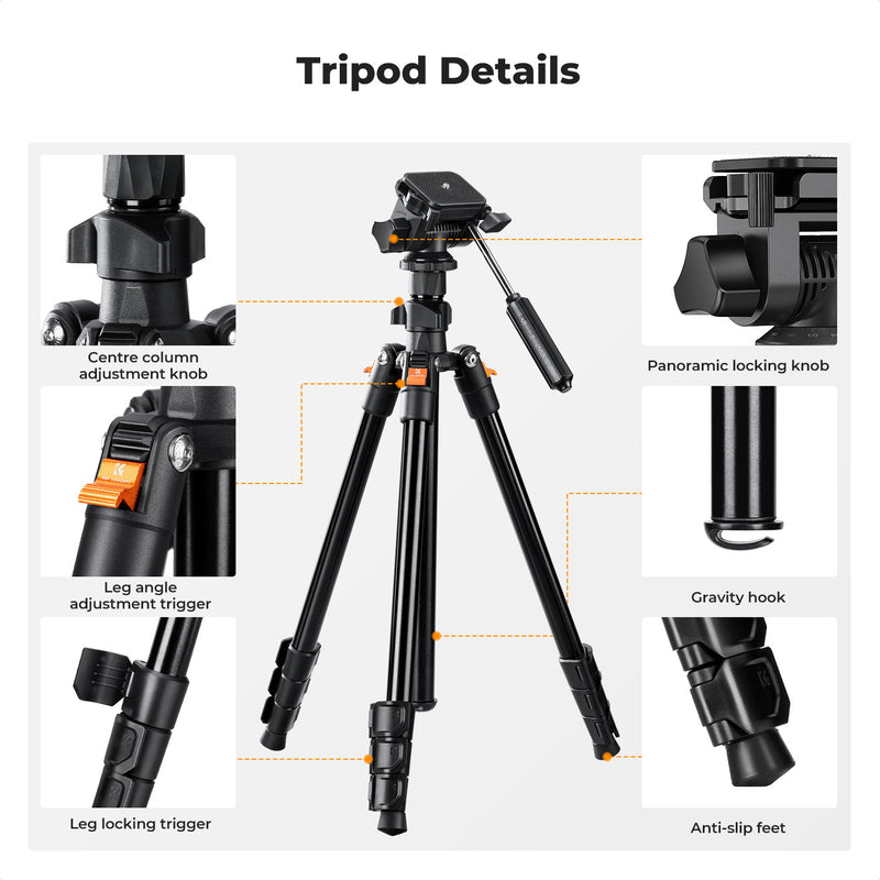 K&F Concept 1.96m Aluminium Camera & Video Travel Tripod With 3-Way Head KF09-115V1