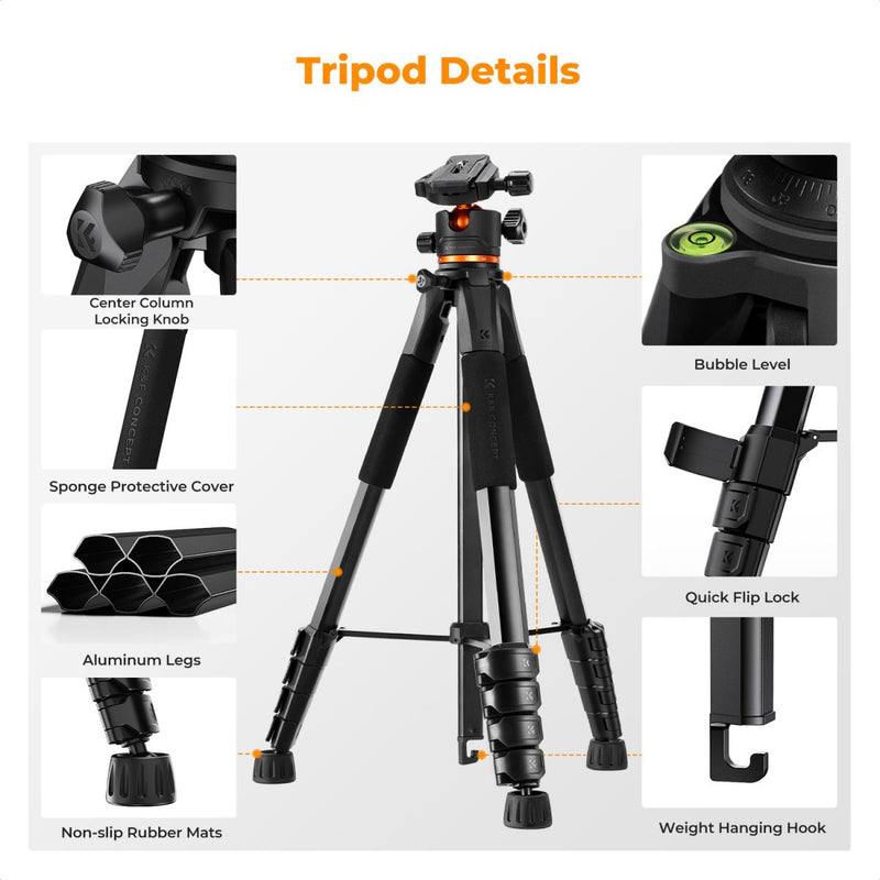 K&F Concept Smart Lightweight Camera & Phone Tripod | Ultimate Stability 8kg Load Capacity – S255A3+B-Head, Black