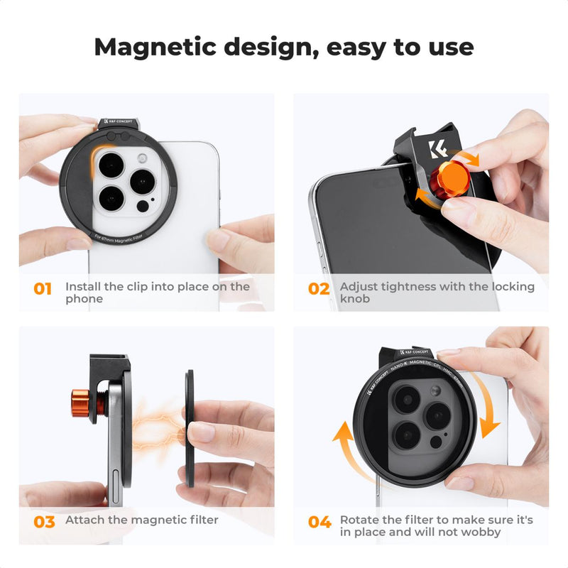 K&F Clip-On Magnetic CPL Filter Kit for iPhone, Samsung Galaxy S22/S23 Ultra & 67mm Camera Lenses