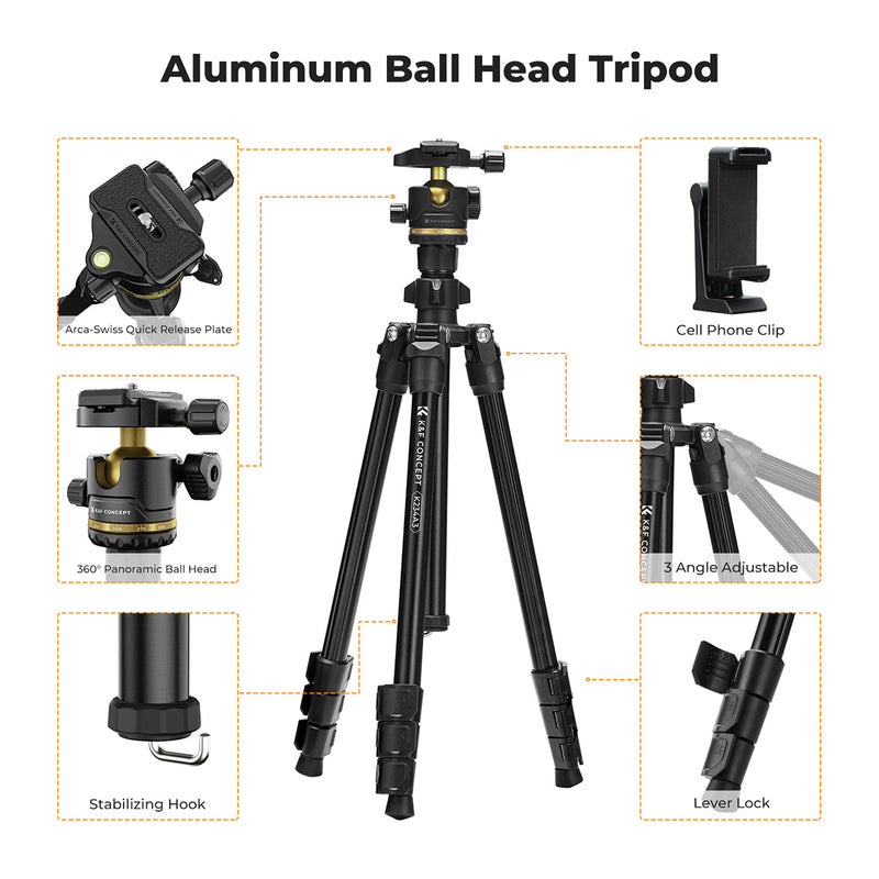 K&F Concept Black & Gold K234A3 Tripod with Bh-36 Head & Phone Holder 1.78m