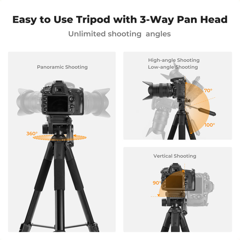 K&F Concept Lightweight Travel Tripod, BT Remote Removable 3-Way Pan Head