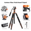 K&F Concept Omni Series 1.7m Lightweight Carbon Fibre Tripod | Hydraulic Video Head & Monopod Conversion – O255C4