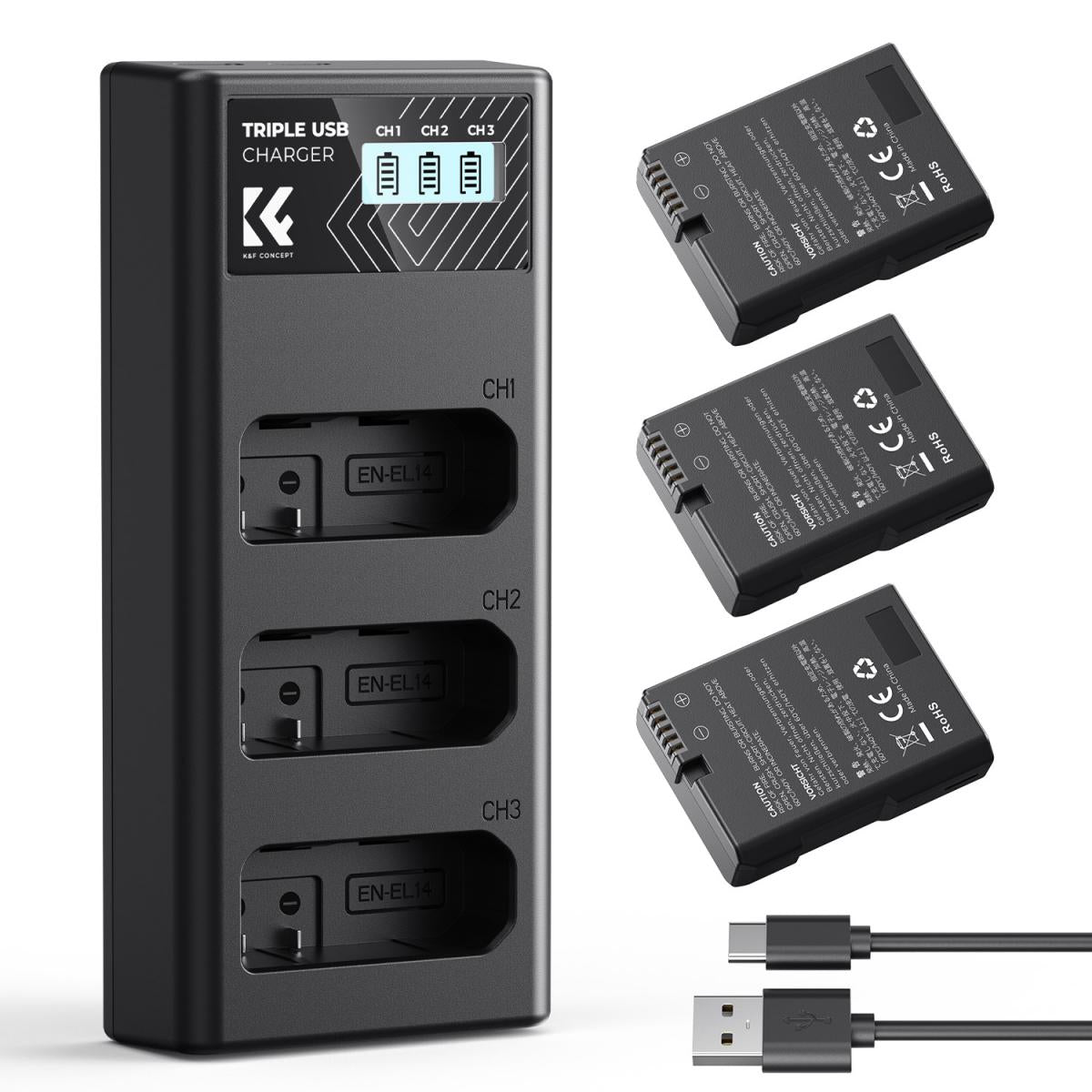 K&F Concept 3 Pack EN-EL14 Batteries & LCD Charger compatible with Nikon