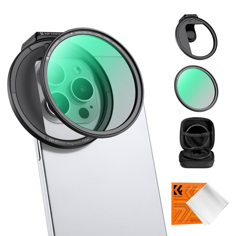 K&F Clip-On Magnetic CPL Filter Kit for iPhone, Samsung Galaxy S22/S23 Ultra & 67mm Camera Lenses