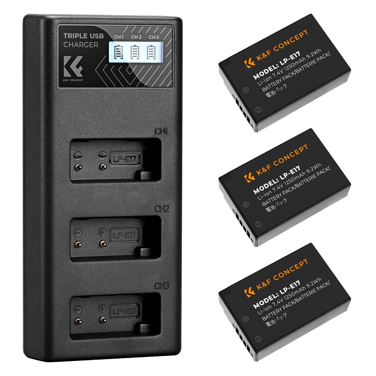K&F Concept 3 Pack LP-E17 Batteries & LCD Charger for Canon
