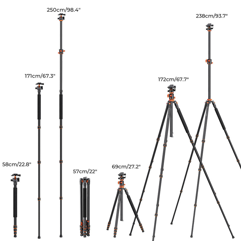 K&F 2.4 m Aluminium Video Tripod with Detachable Monopod & 360° Ball Head