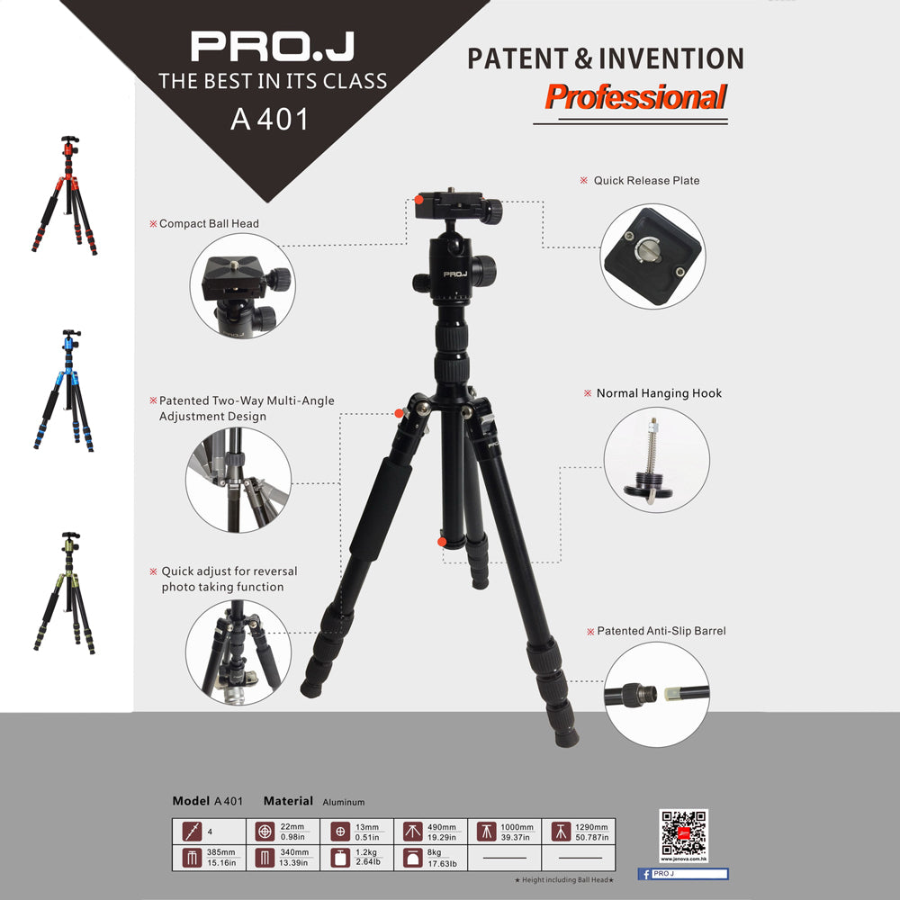 Jenova PRO.J Professional Aluminium Travel Tripod 8kg-load Red-A401RD