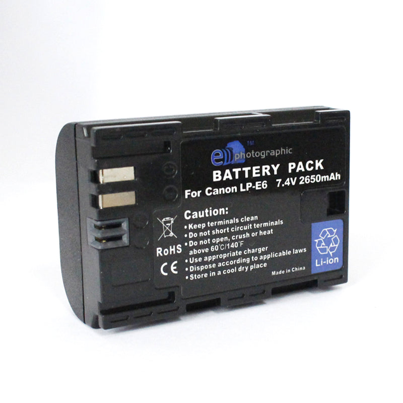 E-Photographic 2650 mAh Lithium LP-E6 Camera Battery for Canon DSLR's and Mirrorless Cameras